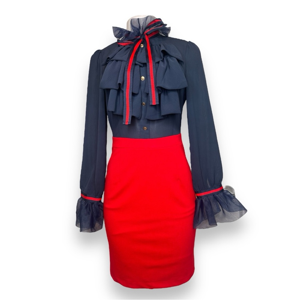 Red & Blue Long Sleeve  Academia Dress Small